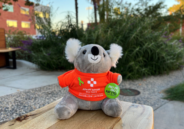 毛绒考拉熊坐在长凳上，穿着橙色t恤，上面写着“心理健康急救”. 绿色丝带别针和绿色按钮.