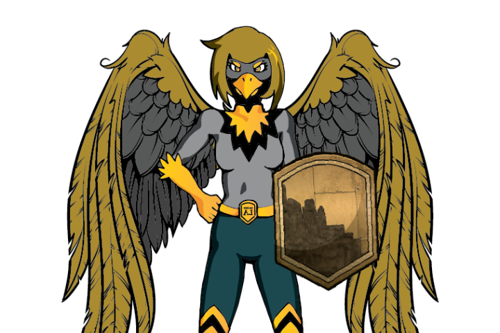 有翅膀的超级英雄拿着盾牌.